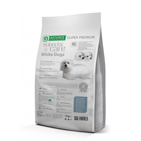 Superior Care White Dogs Grain Free Small & Mini Breeds Adult – hrană uscată fără cereale pentru câini adulți de talie mică și mini, cu pește alb, 1,5 kg